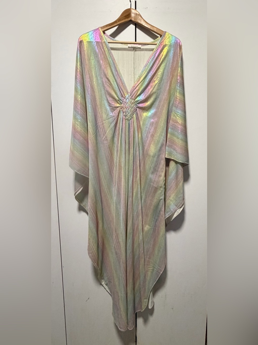 Iridescent Pastel Kaftan Dress - Women's Rainbow-Stripe V-Neck